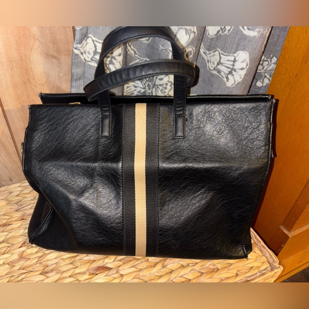Moda Luxe Black Tote with Beige Center Stripe - Picture 2 of 13